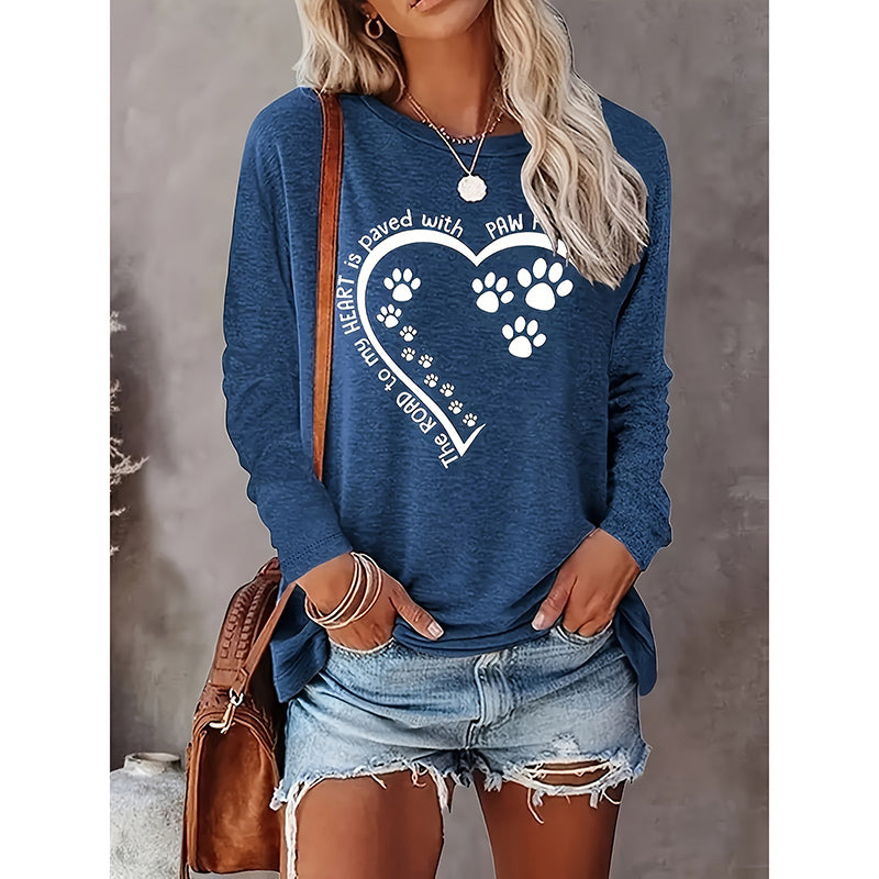ElanWear Women’s Dog Paw Heart T-Shirt – Long Sleeve Dog Mom Graphic Crewneck Cute Casual Top