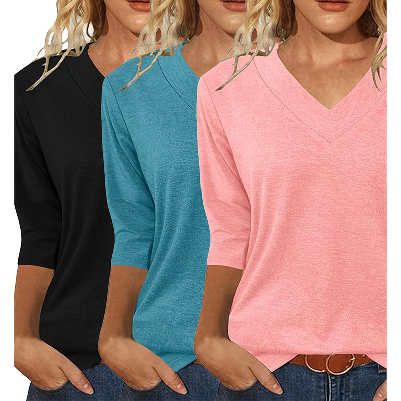 3-Pack Women's V-Neck 3/4 Sleeve T-Shirts – Fall Casual Basic Tops, Base Layer Undershirts